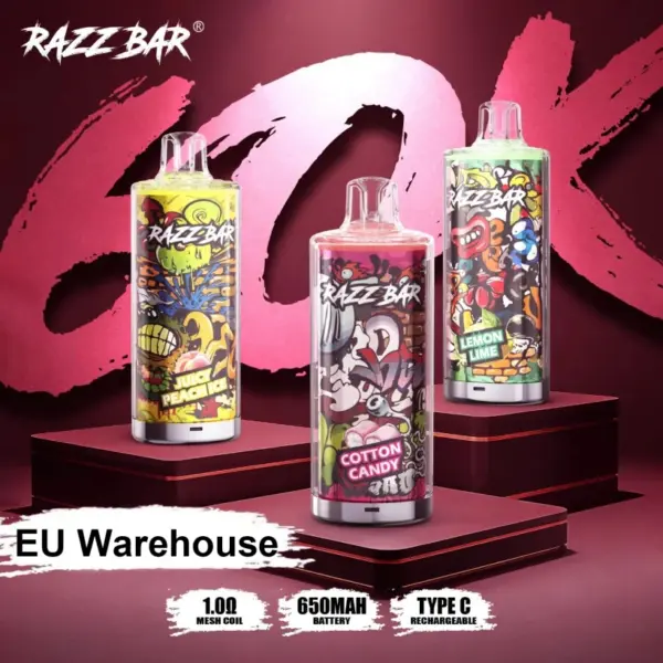 Razz Bar 60000 Puffs Disposable Vape 60K Crystal Design Rechargeable EU Free Shipping