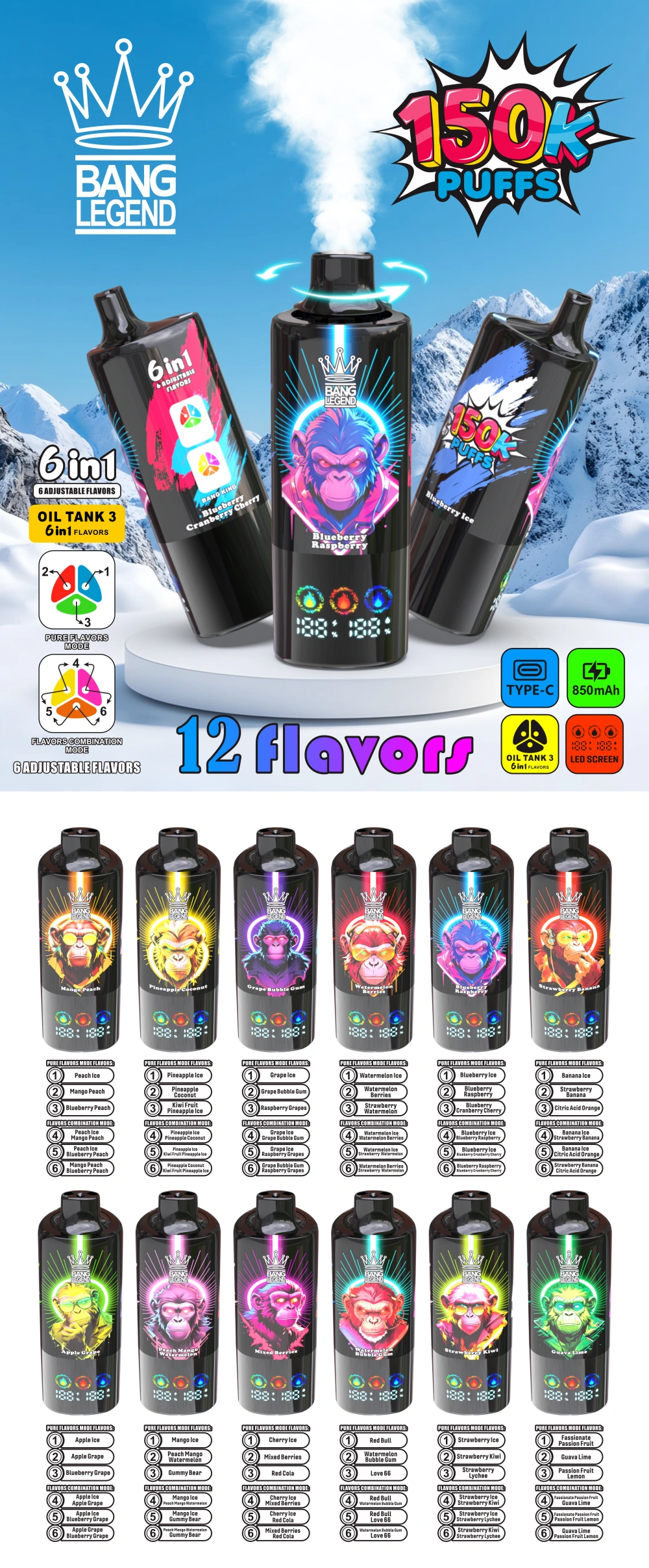 150k puffs vape Bang Legend 150000 wegwerp vape 6 in 1 EU magazijn