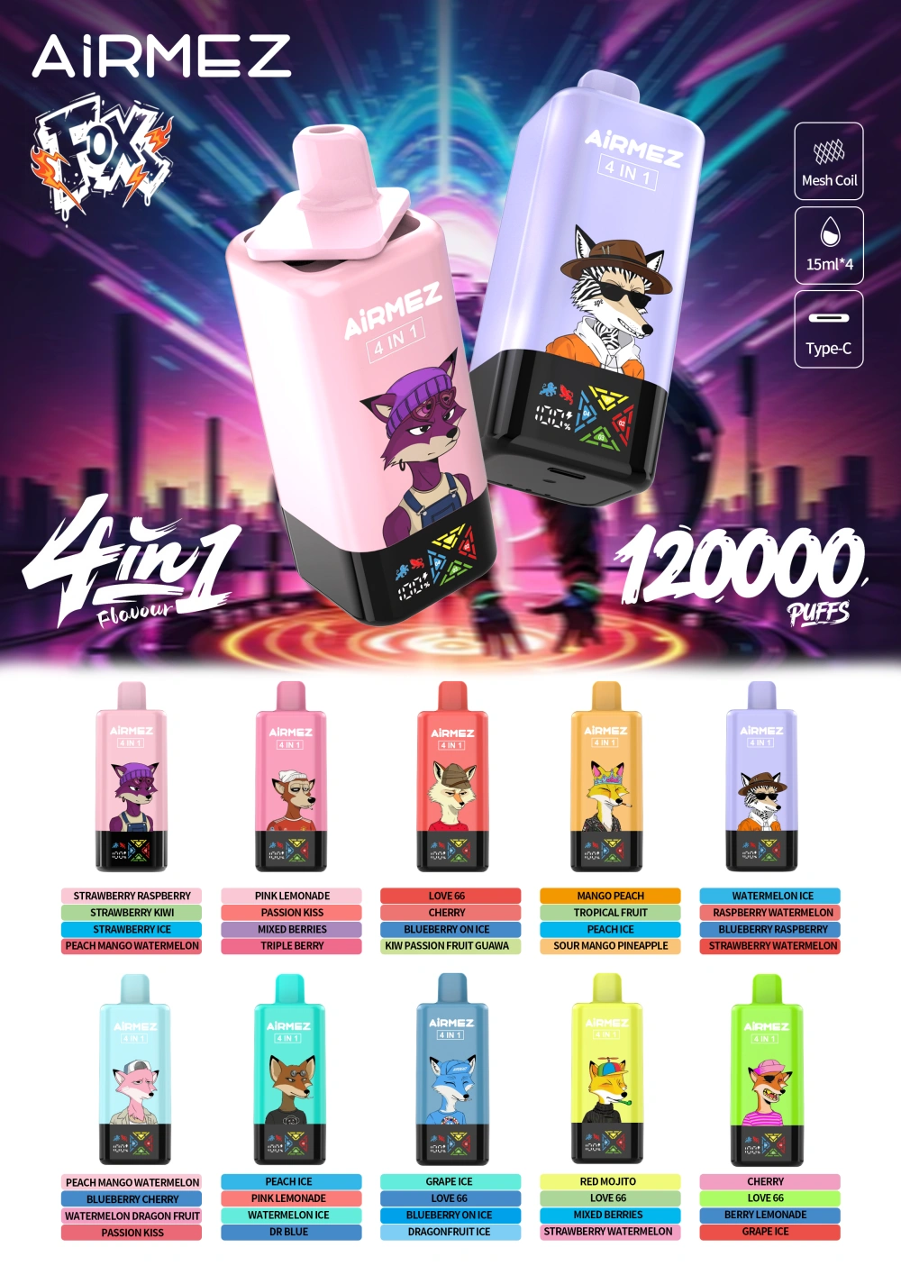 Airmez 120000 Puffs Wegwerp Vape 4-in-1 Gratis Verzending EU Magazijn