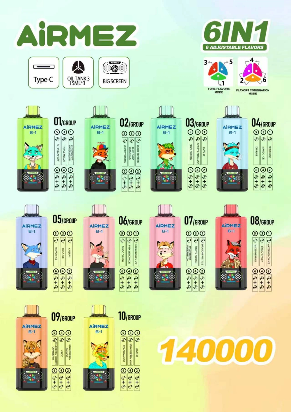 Airmez 140K Puffs Wegwerp Vape 6-in-1 Groothandel 3-7 Werkdagen Verzending EU Magazijn