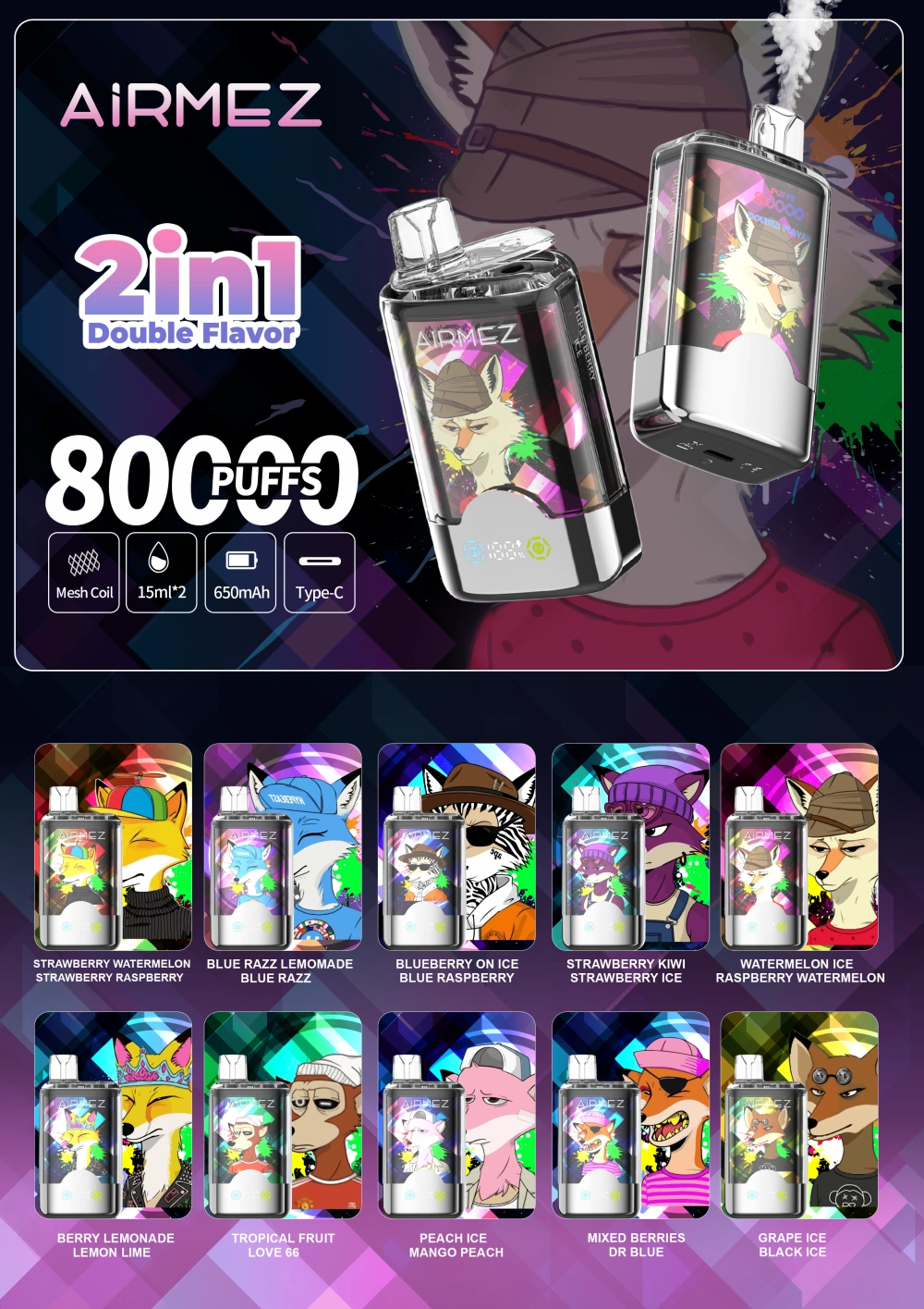 Airmez 80000 Puffs Wegwerp Vape 2-in-1 Gratis Verzending EU Magazijn