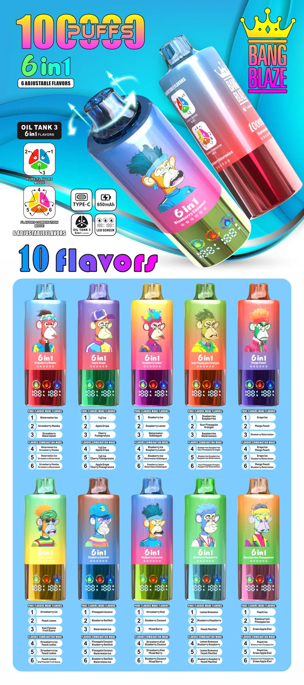 Bang Blaze 100K Puffs 100000 Wegwerp Vape 6 In 1 Gratis Verzending EU Magazijn