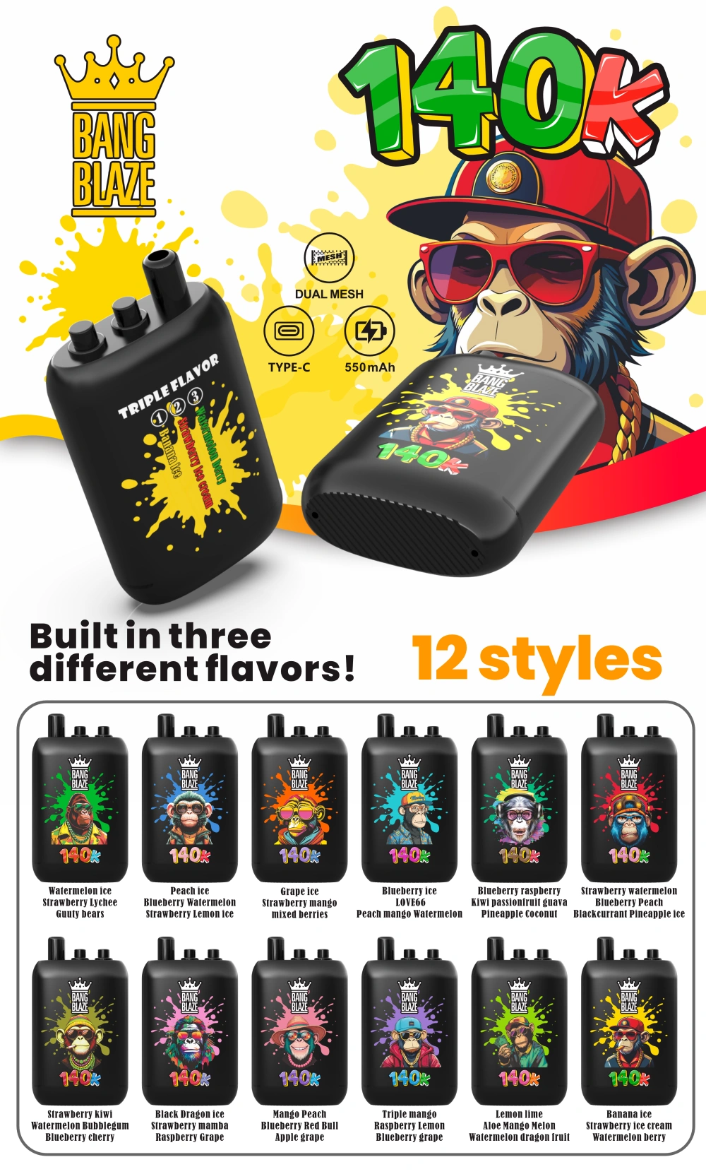 EU Vape Bang Blaze 140k Puffs 3 in 1 Oplaadbare Wegwerp Vape 140.000 puffs Gratis Verzending
