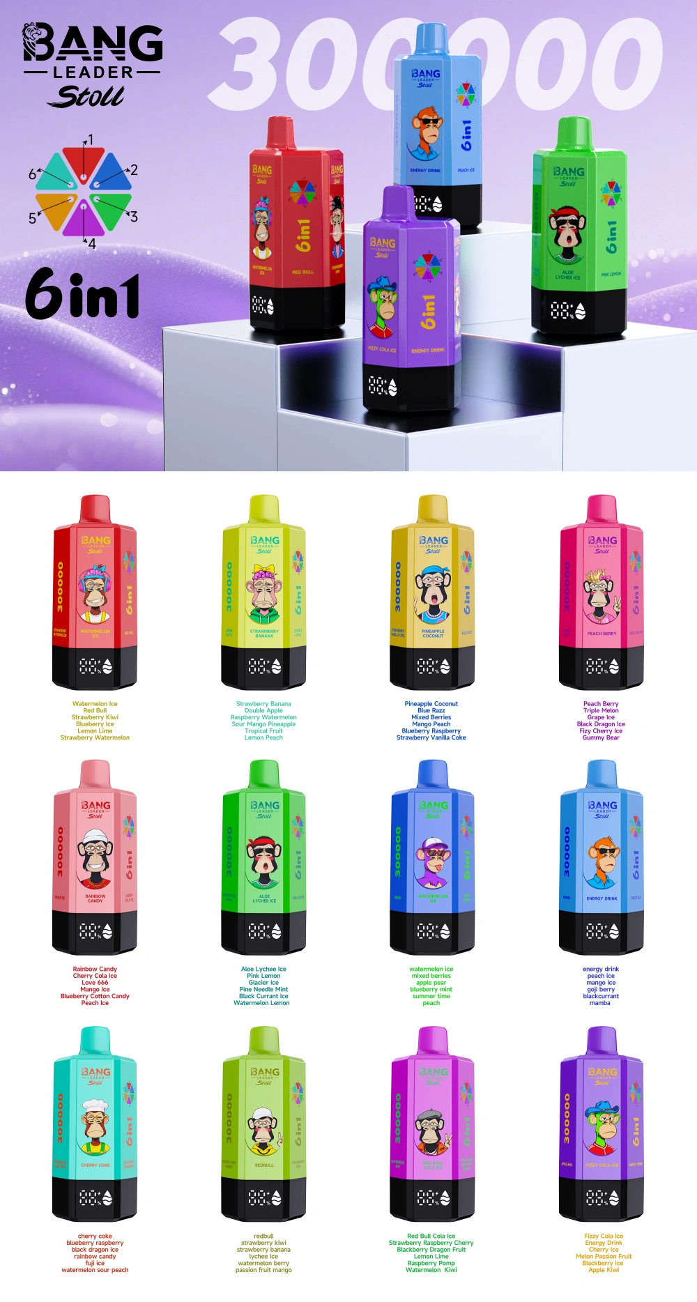 Bang Leader Stoll 300k Puffs 6 in 1 Wegwerp Vape 300000 Groothandel Gratis Verzending