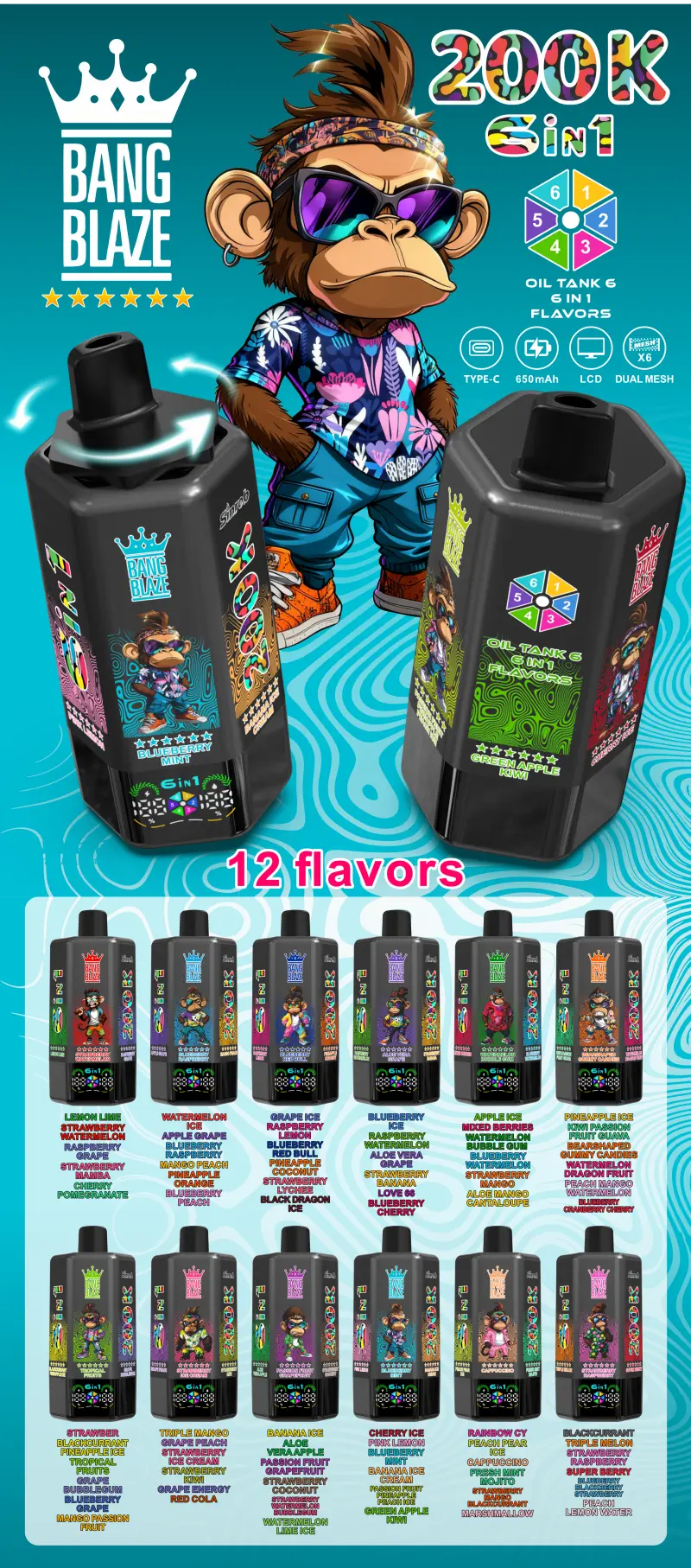 Bang Blaze 200k Puffs 6 in 1 Wegwerp Vape met Lange Levensduur 200000 Gratis Verzending