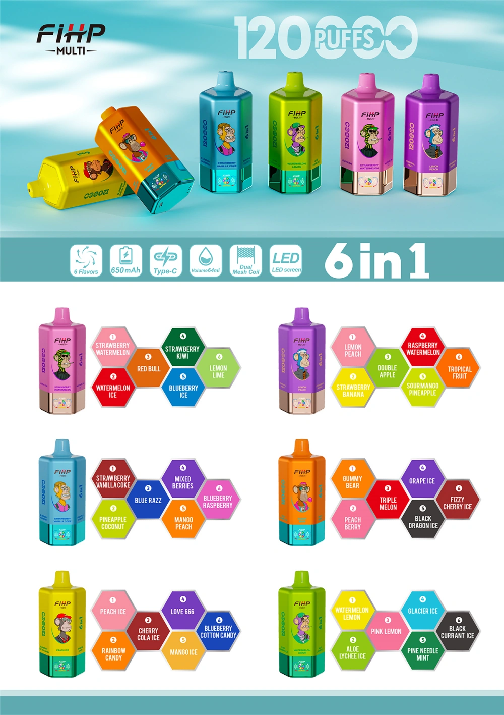 FIHP 120K Puffs 6-in-1 Wegwerp Vape 120000 Groothandel Gratis Verzending