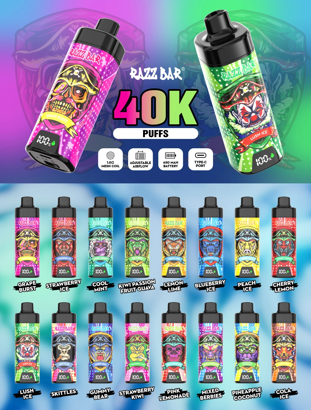 Razz Bar 40k Trekjes Wegwerp Vape Met Slim Scherm Gratis Verzending