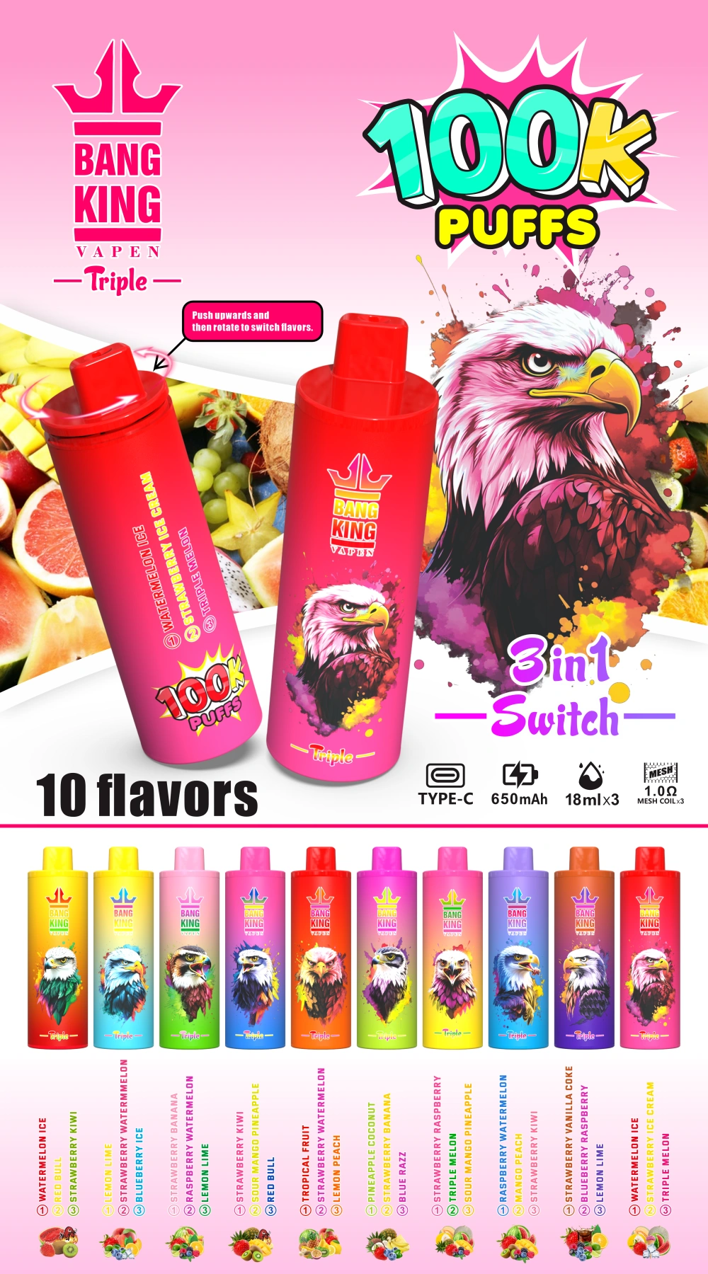 Bang King 100000 Puffs 100K Wegwerp Vape 3 in 1 Triple Smaken Gratis Verzending Groothandel