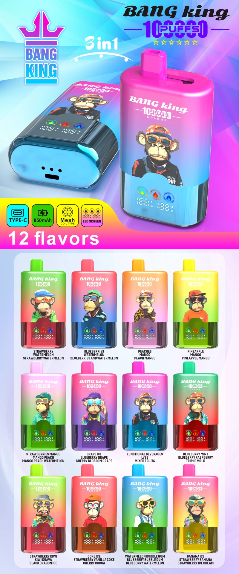 Bang King 100k Trekjes 3 In 1 Slim Scherm Wegwerp Vape Groothandel Gratis Verzending