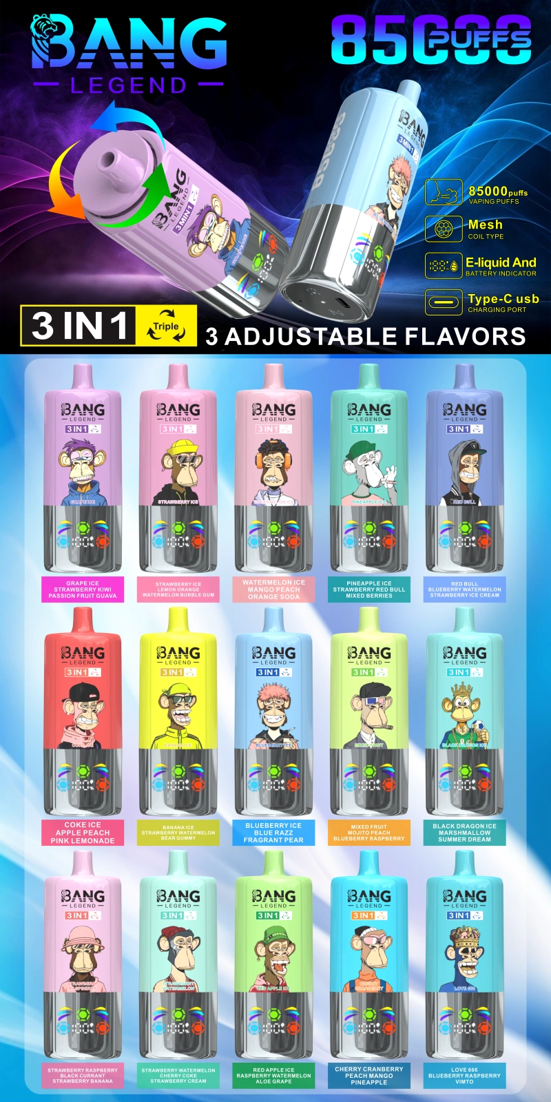 Bang Legend 85000 Puffs 85k Wegwerp Vape 3 in 1 Gratis Verzending vanuit Magazijn in China