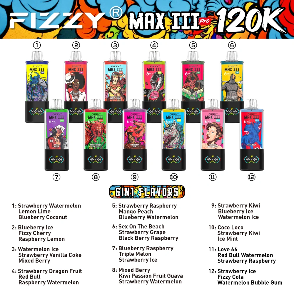 Fizzy 120k Puffs 6-in-1 Max III Pro Beste Wegwerp Vape 120000 Gratis Verzending EU Magazijn