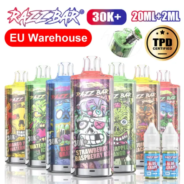 Puff 30000 Razz Bar 30k Puffs TPD Wegwerpvape Groothandel Navulbaar Met 20ml E Liquid Gratis Verzending Vanuit EU