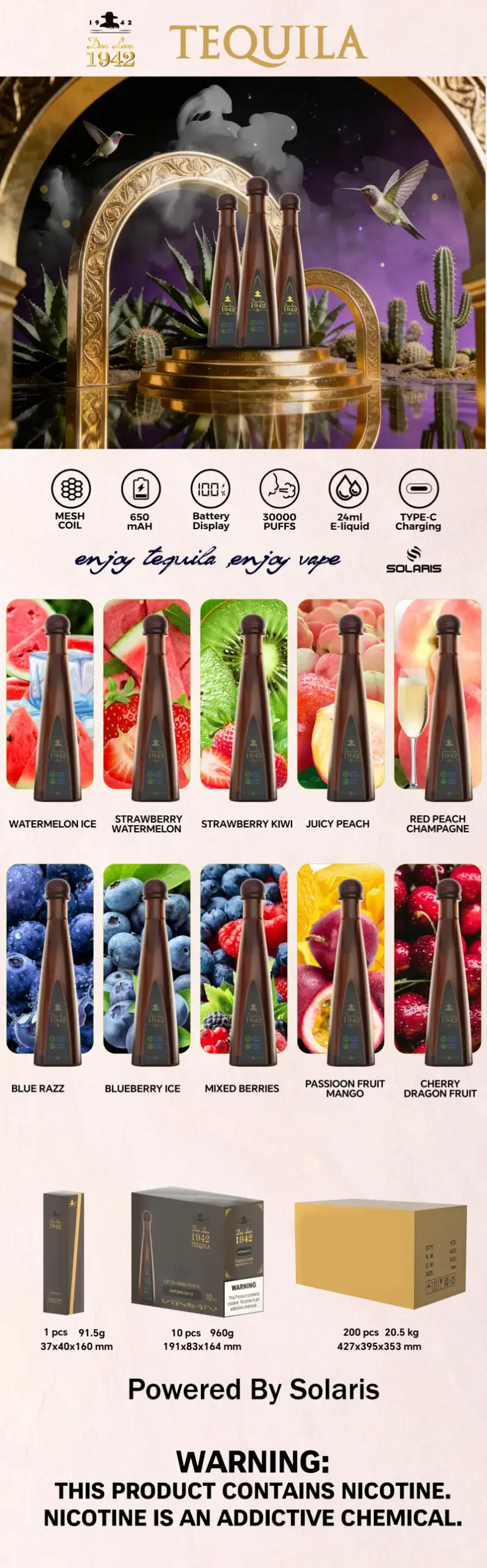 Solaris Tequila 30000 Puffs Don Leon 1942 30k Wegwerp Vape Pen EU Magazijn