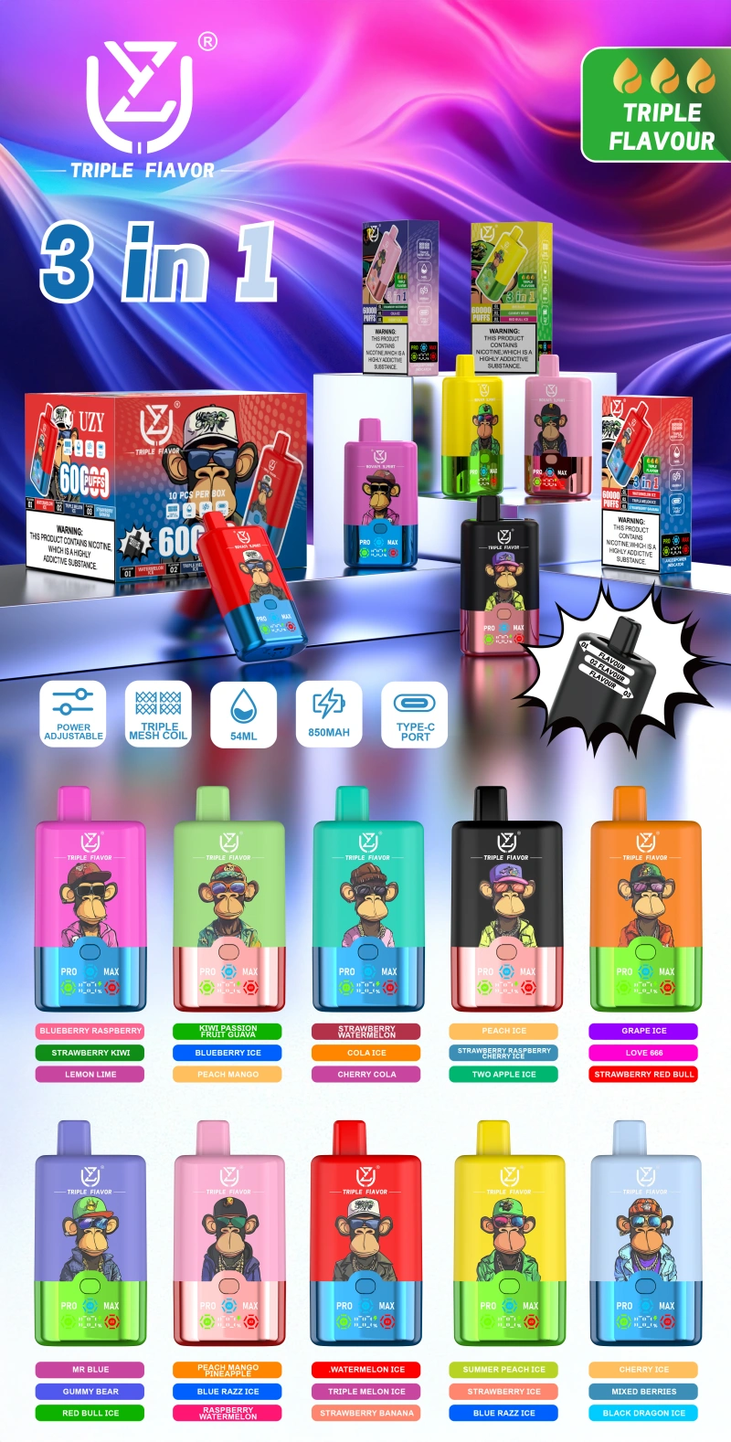 UZY 60K Puffs 3 in 1 Beste Wegwerp Vape 60000 Gratis Verzending EU Magazijn