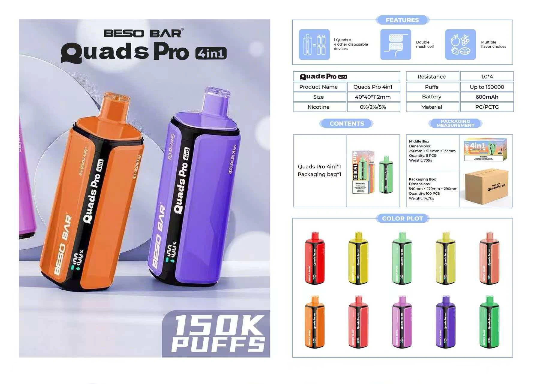 BESO BAR Quads Pro 150K Puffs 4-in-1 Wegwerp Vape met Fruitsmaken Gratis Verzending