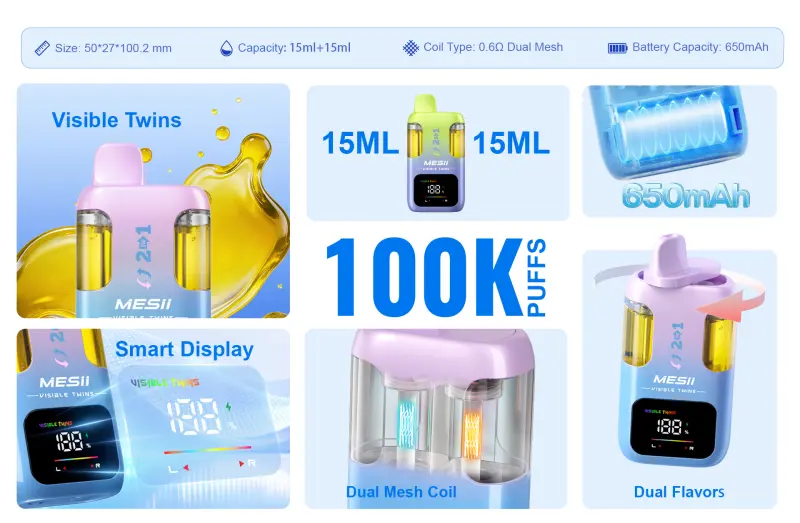 Mesii 100K Trekjes Visible Twins Dubbele Smaken Crystal Wegwerp Vape Gratis Verzending
